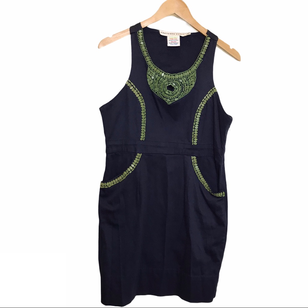 Gretchen Scott Navy Blue Sleeveless Dress L Beaded Casual Resort Preppy Hamptons